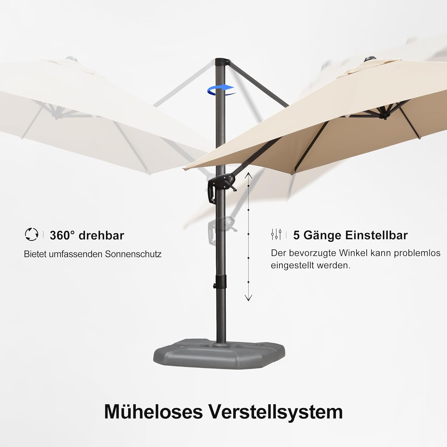 PURPLE LEAF Sonnenschirm 270 x 270 cm Groß Ampelschirm mit Kurbel 360-Grad Drehbar mit Fußpedal und Kreuzsockel für Terrasse, Balkon Sonnenschutz, Beige