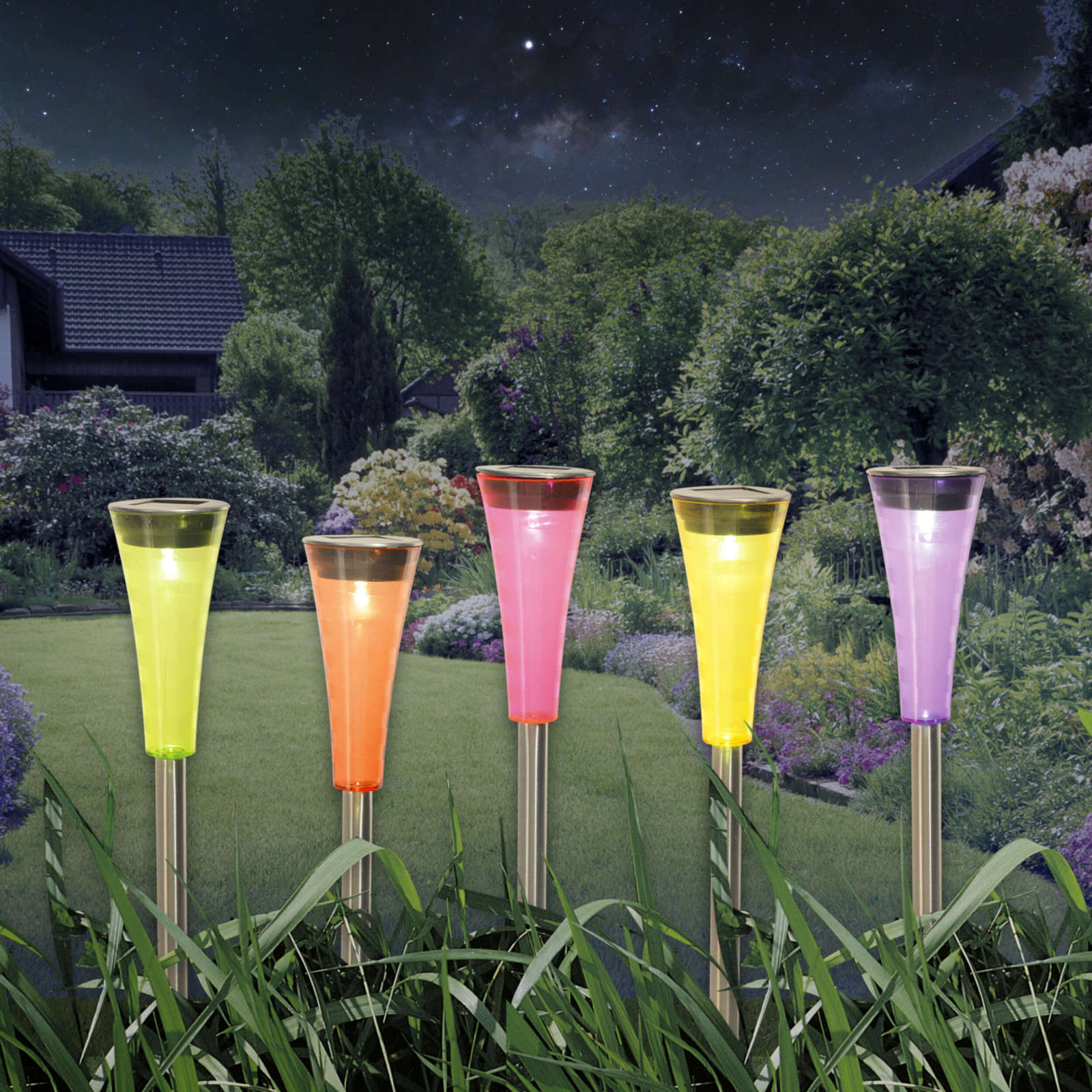 5er-Set Solar-LED-Erdspieße MULTI - bunt - 27,5 cm