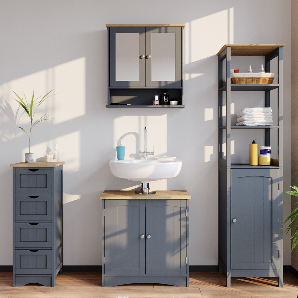 Vicco Wandspiegel Bianco Grau Badspiegel mit Ablage 2 Türen 58x56cm Hängespiegel Spiegel für Badezimmer im Landhausstil