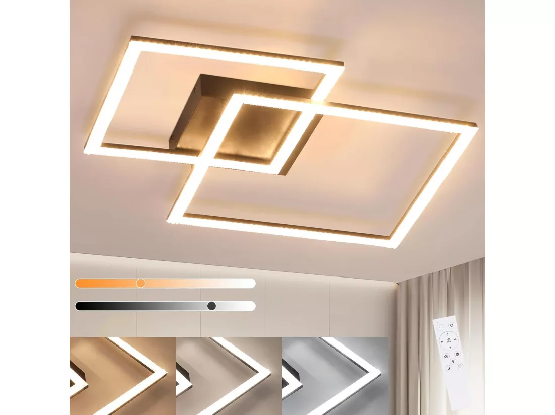 NETTLIFE Plafonnier LED 3000K-6500K, 54W Lampe de Cuisine à Intensité Variable Noir Design Moderne Carrés avec Télécommande pour Chambre Cuisine