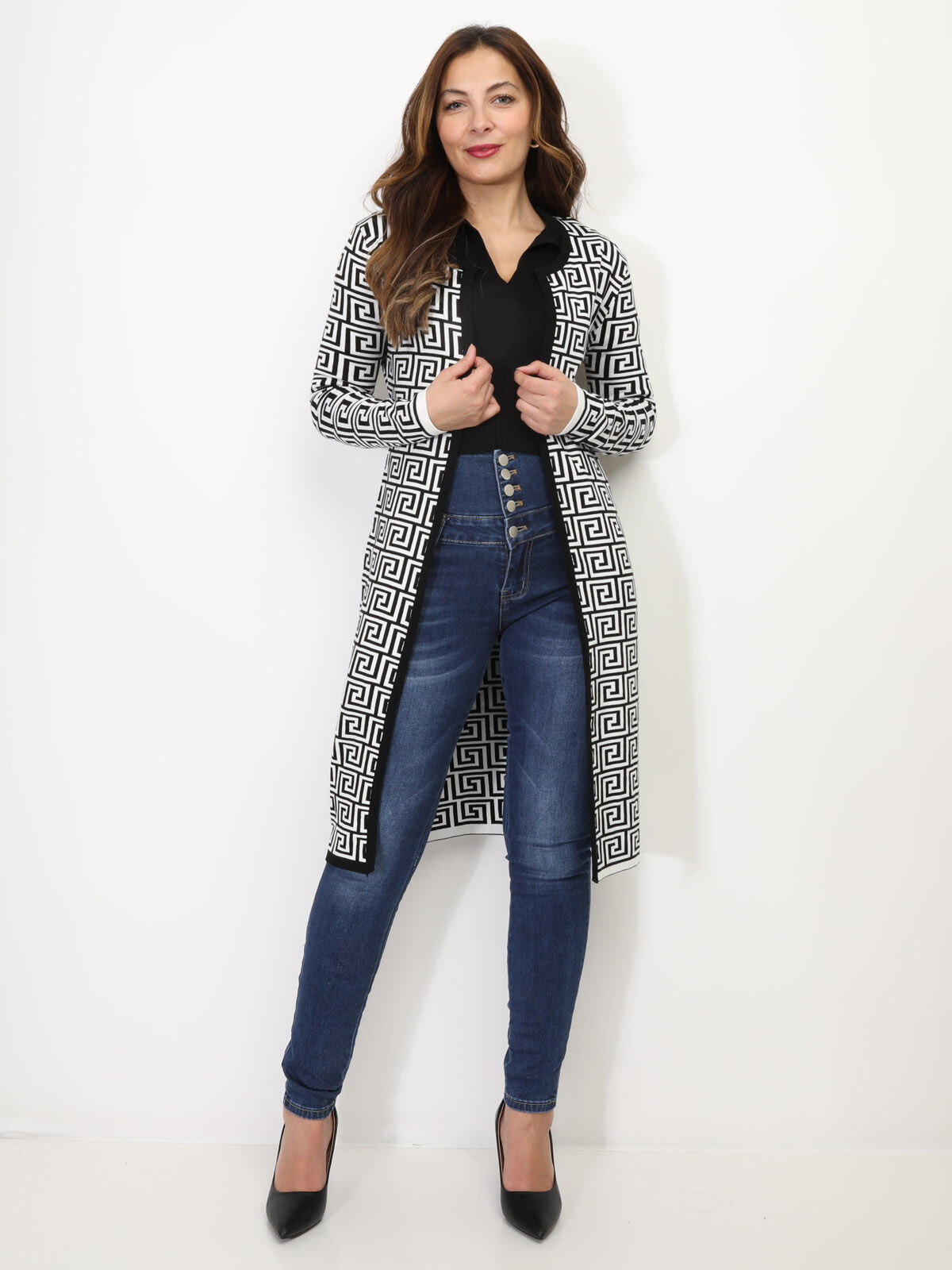 Gilet long à motif géométrique- Noir et Blanc