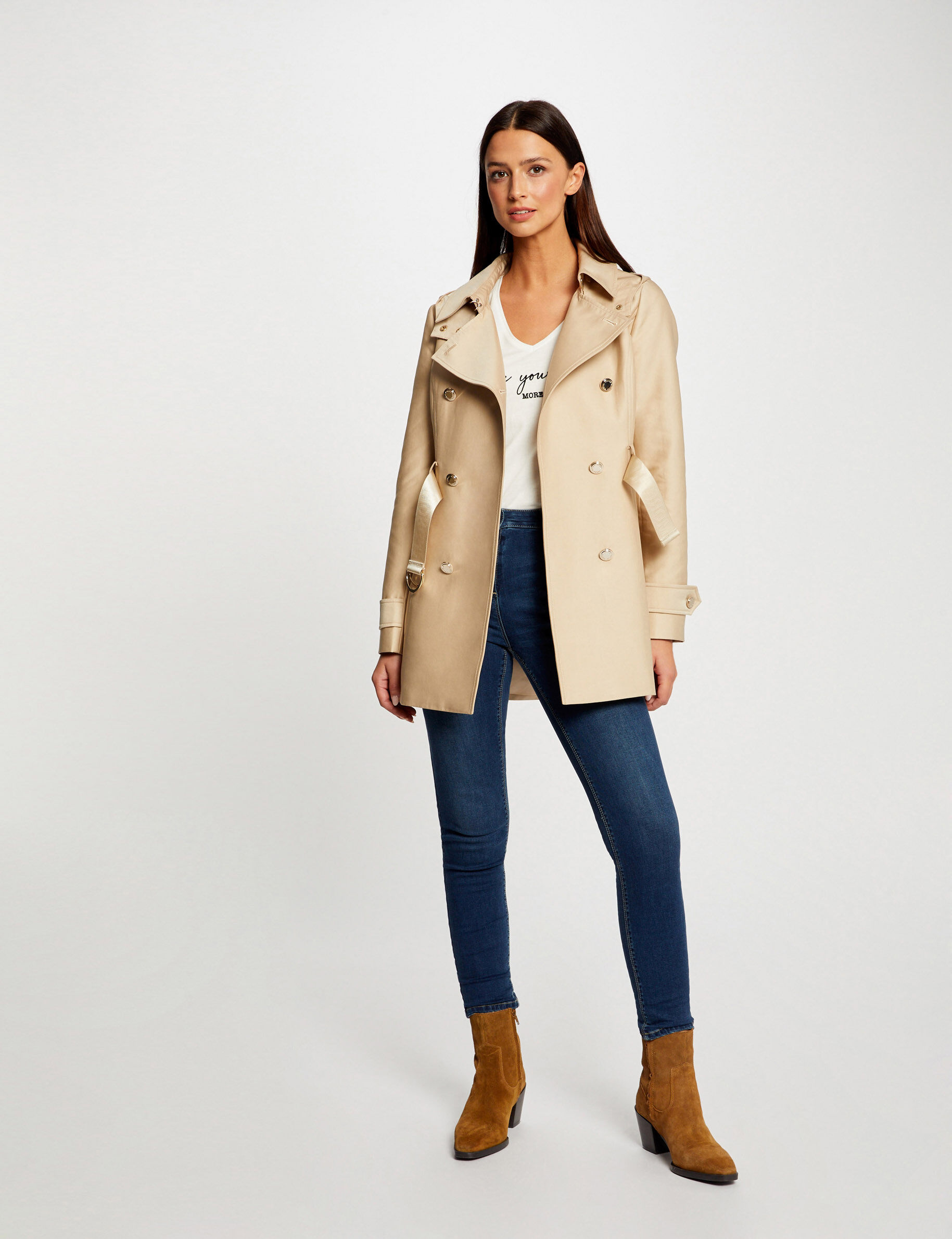 Trench droit ceinturé à capuche beige femme - beige