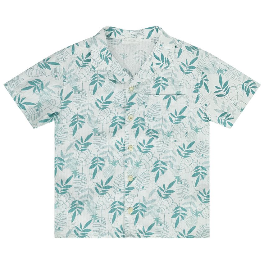 Chemise manches courtes en coton imprimé feuilles pour garçon - Blanc