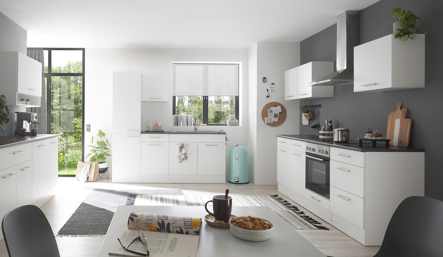 möbelando Eddy Moderner Küchenunterschrank in Weiß matt, Metallic Grau - Geräumiger Unterschrank Küche mit viel Stauraum - 100 x 90 x 60 cm (B/H/T)