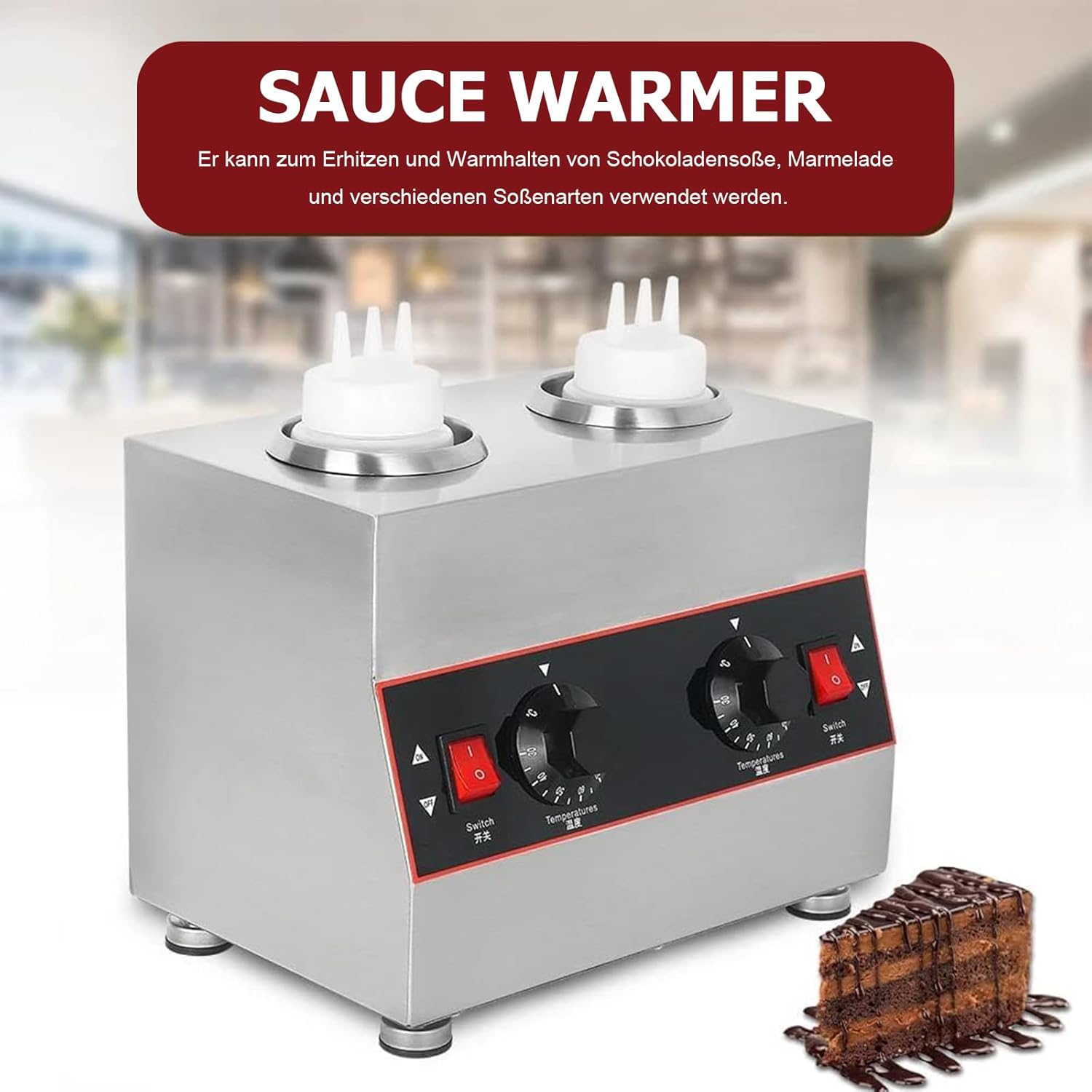 Kommerzieller Elektrischer Soßenwärmer mit mit 2*650-ml-Quetschflasche, kommerzieller elektrischer Käsesoßenspender, temperaturgesteuert, zum Erwärmen von Schokolade, Butter und Marmelade (30 - 85 °C)