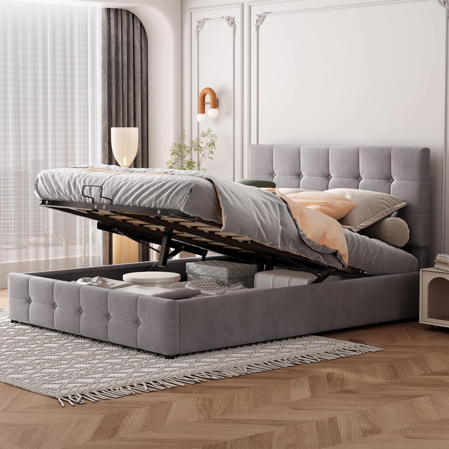 Polsterbett Bett 140x200, Doppelbett mit Kopfteil, Stauraumbett Jugendbett mit Hydraulisch Stauraum Underbett, Funktionsbett Gästebett Bettgestell Lattenrost, ohne Matratze, Samt (Grau)
