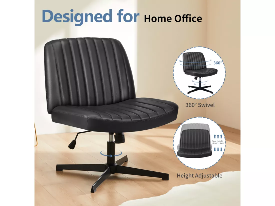 Chaise de bureau,Chaise à piétement croisé,Chaise de bureau sans bras et pivotante,PU,Noir