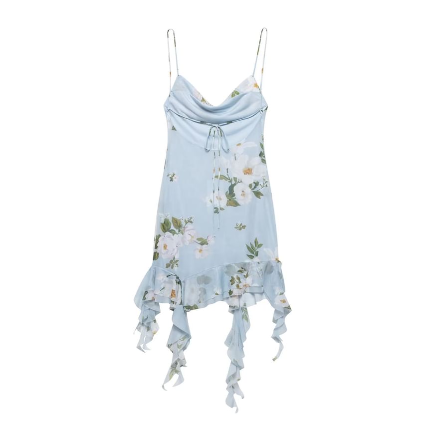 Cumulys - Spaghettibandjes bloemenprint ruches asymmetrische mini A-lijn jurk