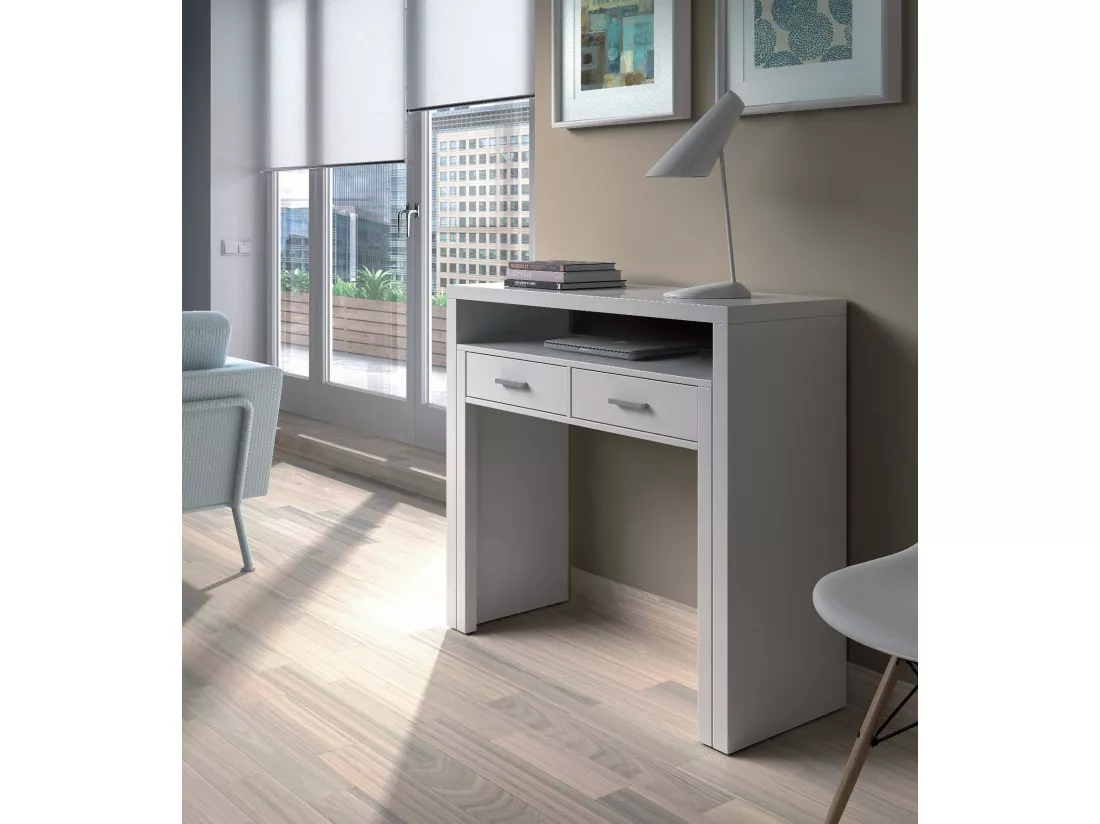 Bureau Billings, Bureau avec plateau extensible, Bureau PC avec 2 tiroirs, 99x36h88 cm, Blanc