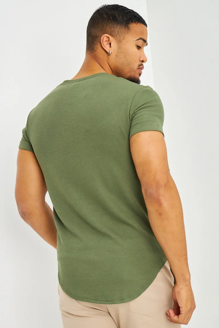 T-shirt côtelé kaki manches courtes à revers
