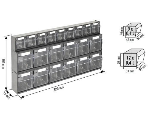 INDUSTRIËLE kleine onderdelen magazijnset 6+6+9 vakken 60 x 30,3 x 7,5 cm antraciet
