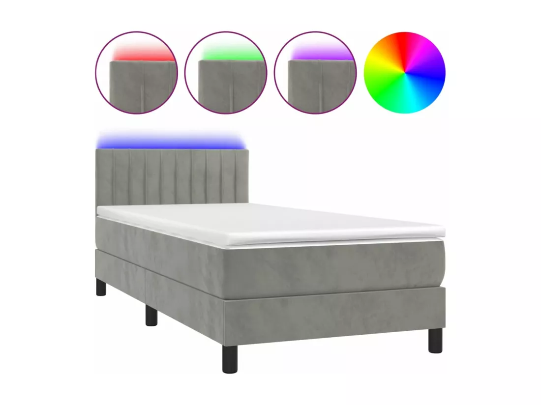 Sommier tapissier et matelas et LED Gris clair 90x190cm Velours