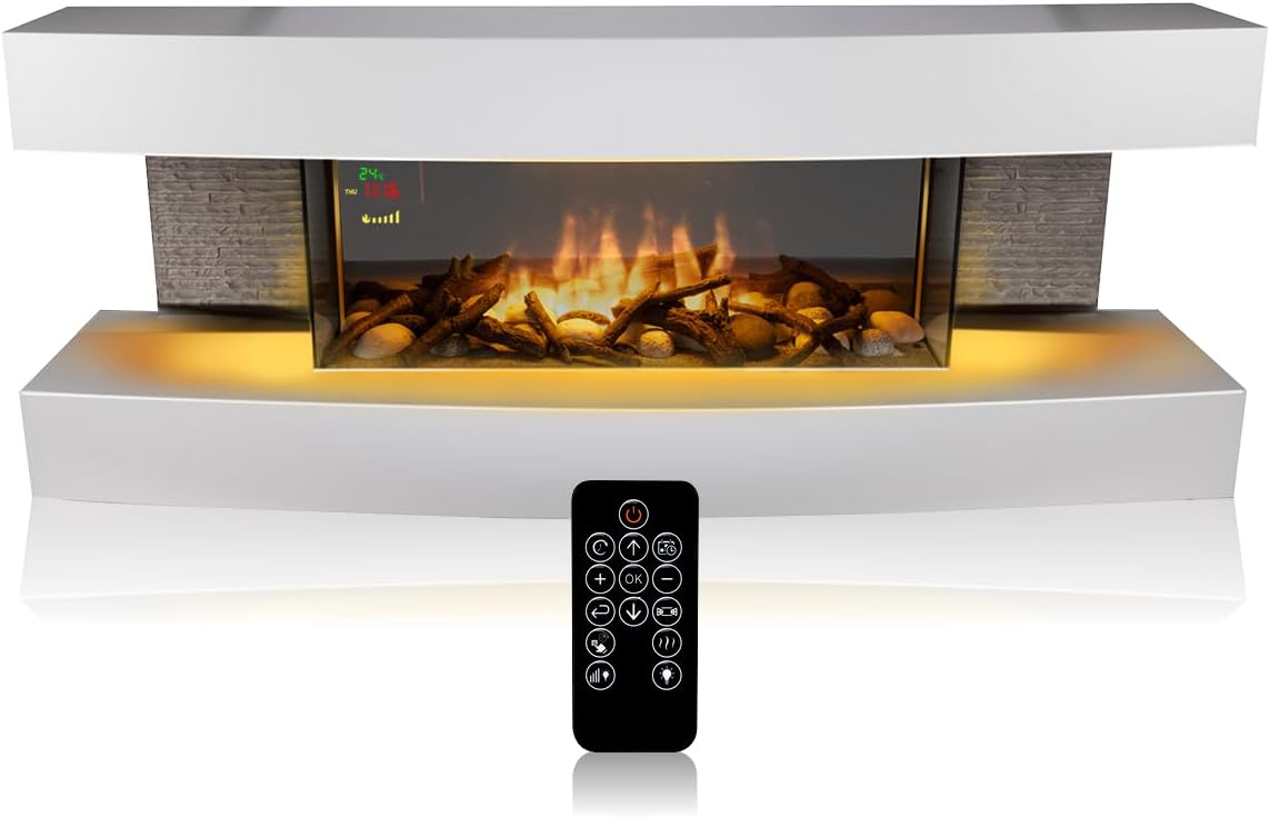 Elektrokamin Montreal Elektrischer Kamin 2000W - mit Heizung und Kaminfeuer - Deko Kamin mit LED - Einstellbarer Thermostat - Inkl. Fernbedienung - Weiß