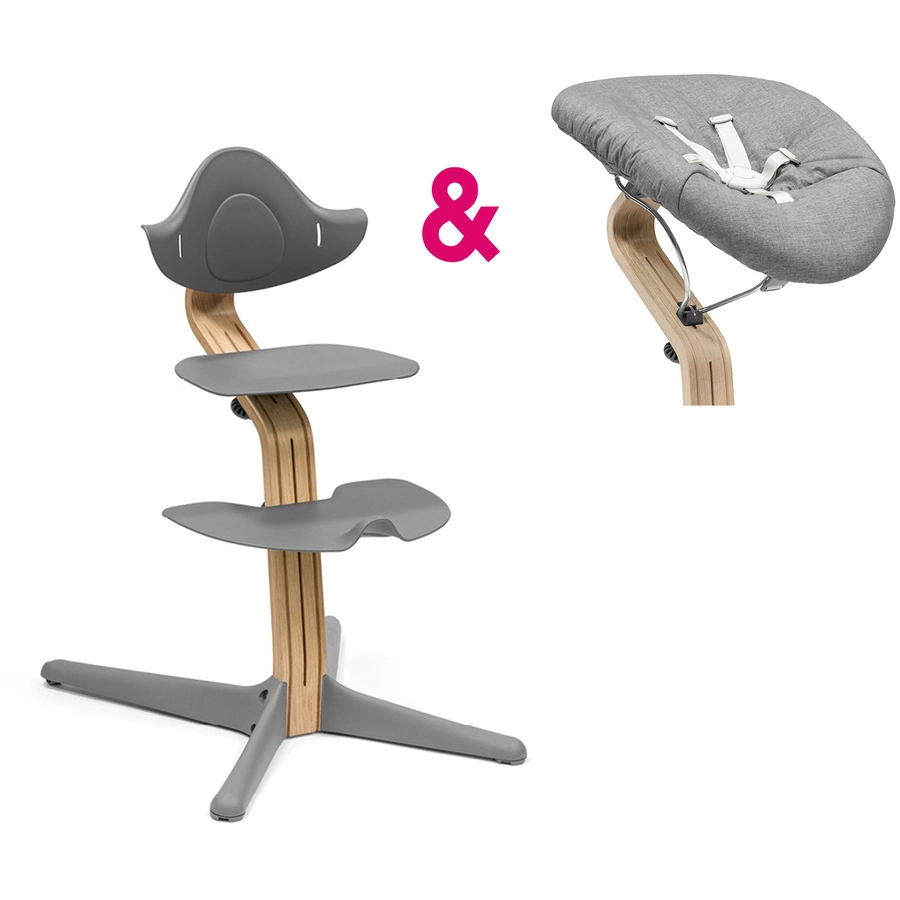 STOKKE® Nomi® Hochstuhl Eiche natur  grau inkl. Newborn Set grau  grau blau