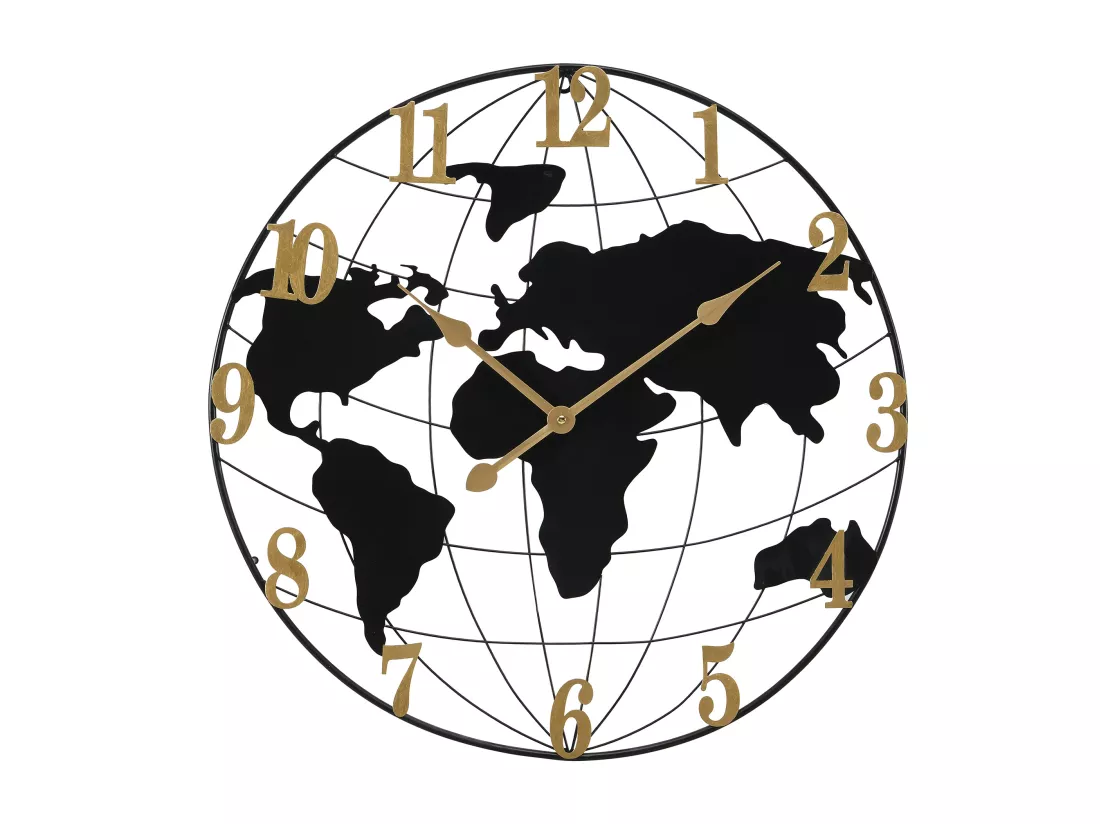 Horloge murale map monde en métal - D.60 cm - Noir et doré - WORDIA