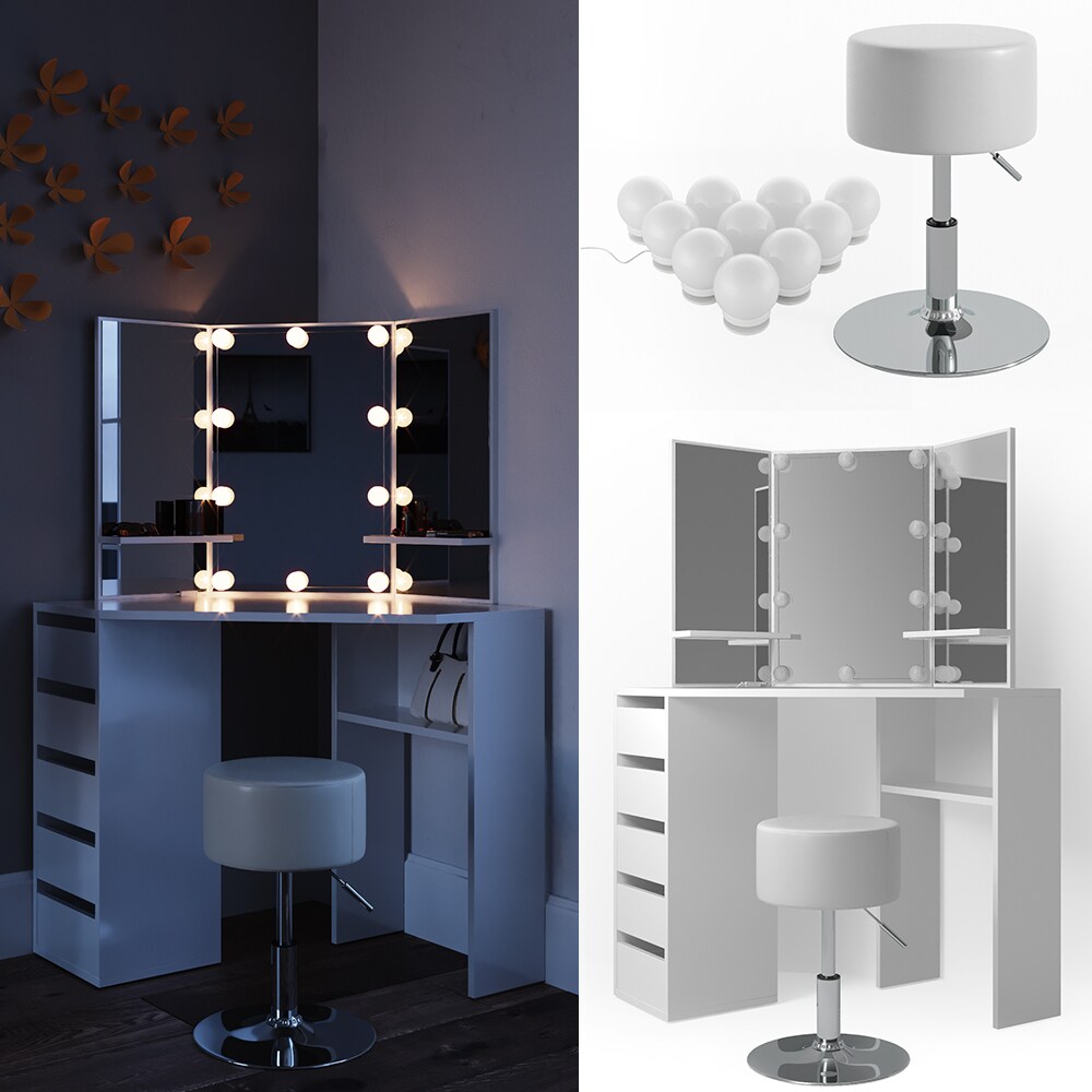 Vicco Eckschminktisch Arielle Kosmetiktisch Frisiertisch Schminktisch Weiß inklusive Sitzhocker und LED-Lichterkette
