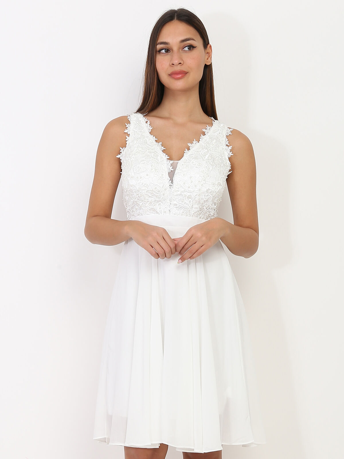 Robe patineuse broderie et perles grandes tailles- Blanc