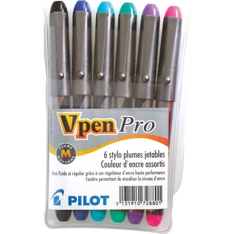 Stylo plume Pilot V-Pen Silver Designe écriture moyenne - Pochette de 6 couleurs fun
