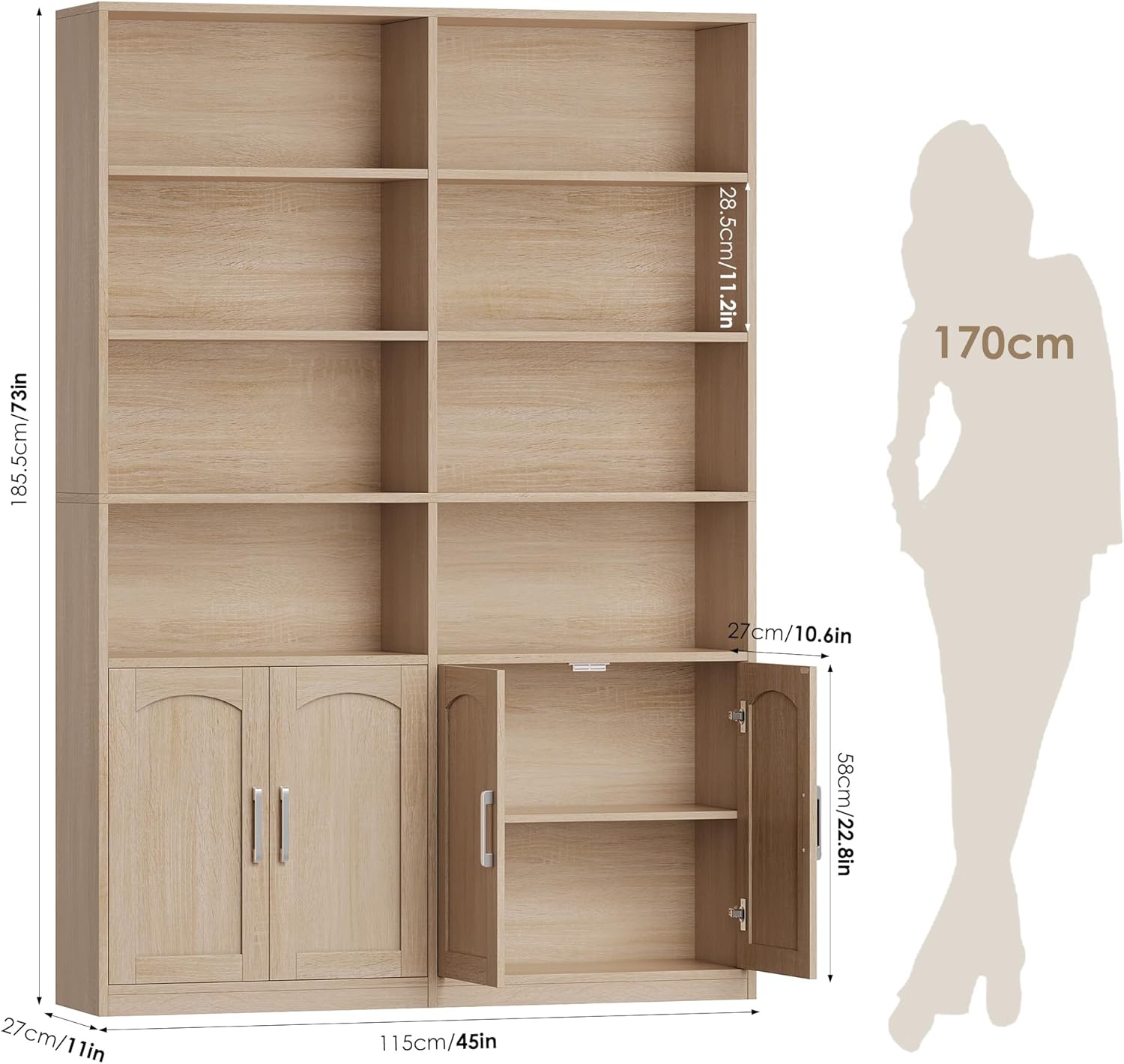 FirFurd 185,5 cm Bücherregal Bücherschrank mit Türen Regal 12 Fächern Vitrinenschrank Standregal Hochschrank für Wohnzimmer Büro Küche 115 x 27 x 185,5 cm Eiche