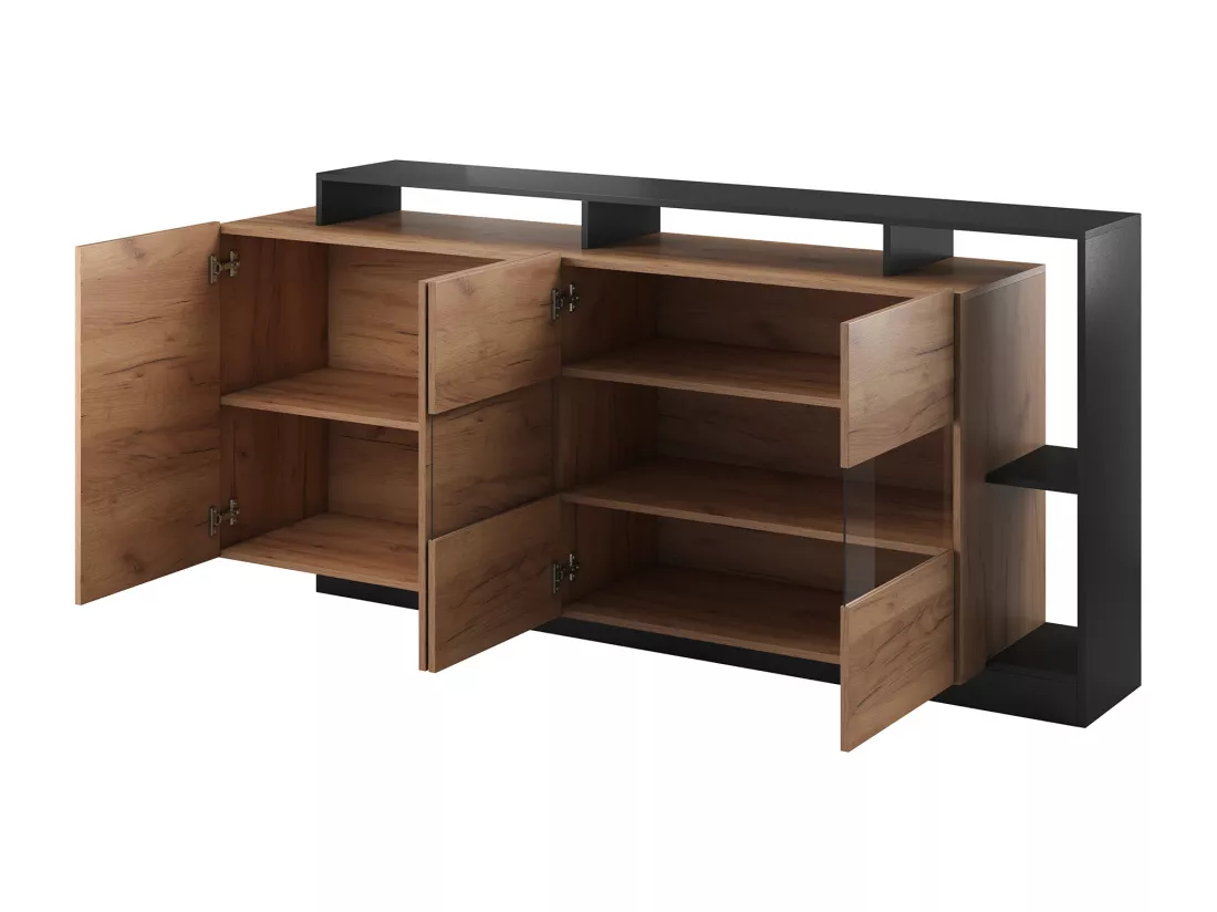Buffet 4 portes et 4 niches avec LEDs - Naturel clair et Anthracite - IDESIA