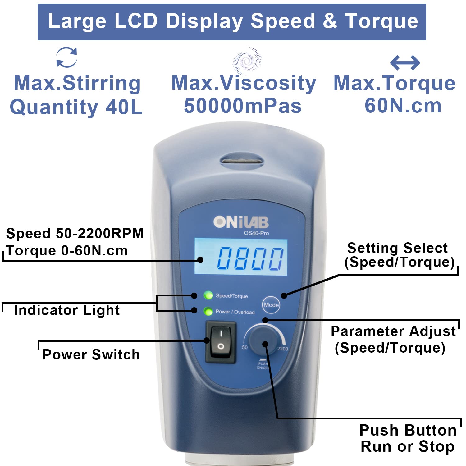 ONiLAB LCD Digitaler Rührer mit Kopfteil Max. Rührmenge 40 L Max.2200 Rpm, Weiß, Aluminiumlegierung （Ständer im Lieferumfang enthalten)