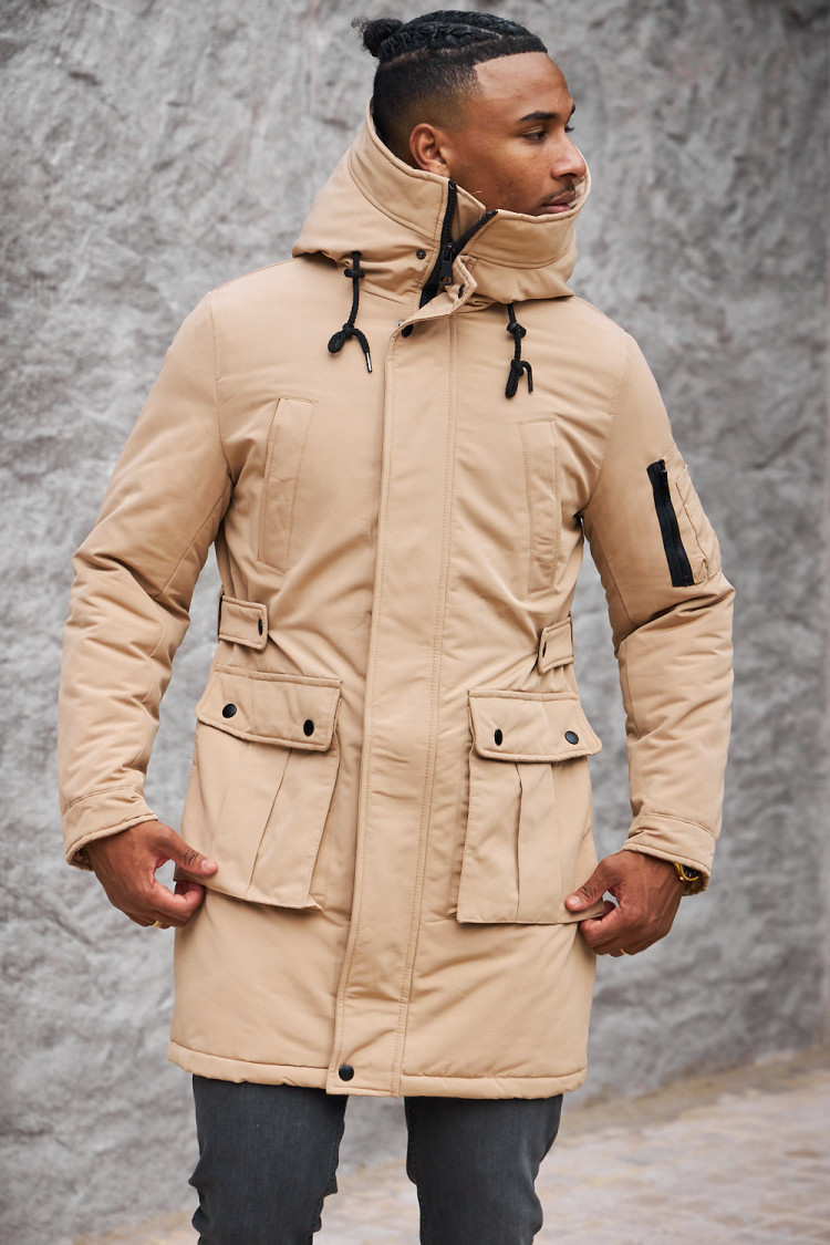 Parka beige à capuche longue à poches