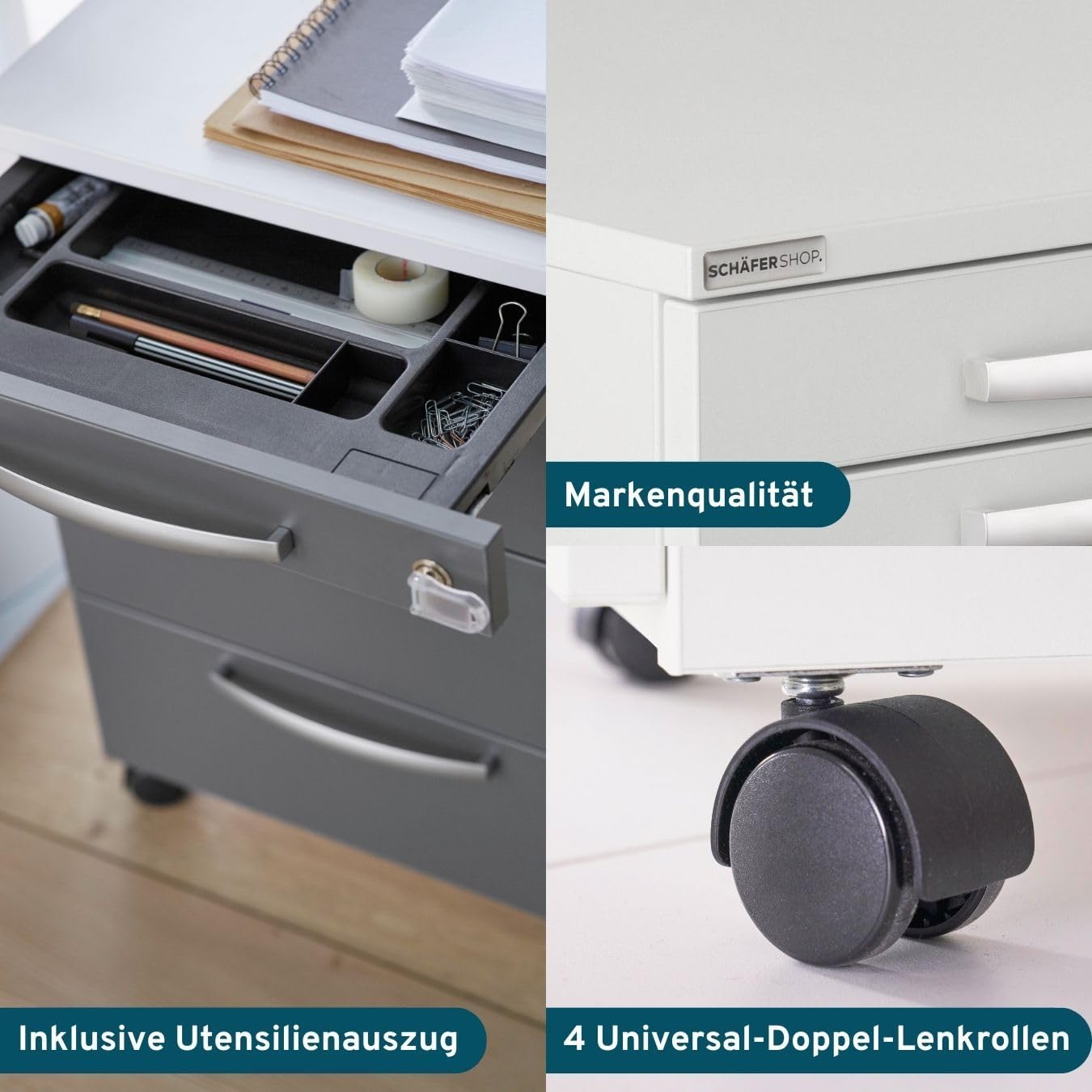 Rollcontainer mit Schubladen abschließbar, Büroschrank mit Rollen, Schreibtisch Schrank, Schubladenschrank 60 cm hoch, Rollcontainer weiß, Schubladenelement, Schreibtisch Container metall