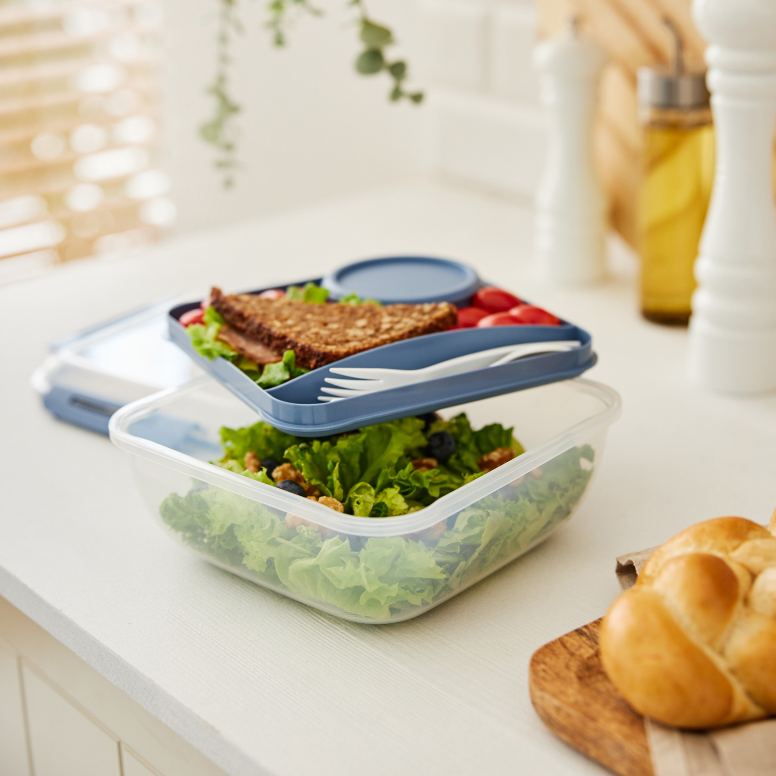 (1.7l) MEMORY Salatbox Frischhalte Dose Auslaufsichere Lunch Box Aufbewahrungs Behälter mit Deckel   Besteck (1009206161) - Horizon Blue