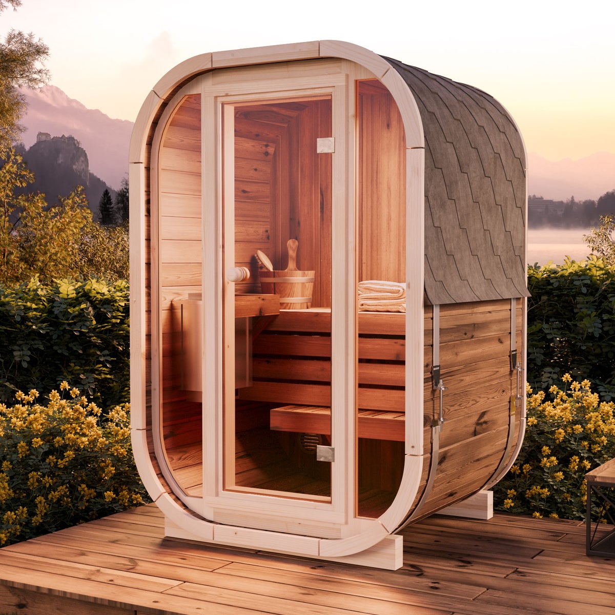 FinnTherm Ellipso S barrelsauna, barrelsauna met 1 houten bank, sauna met 42 mm wanddikte, buitensauna met montagemateriaal