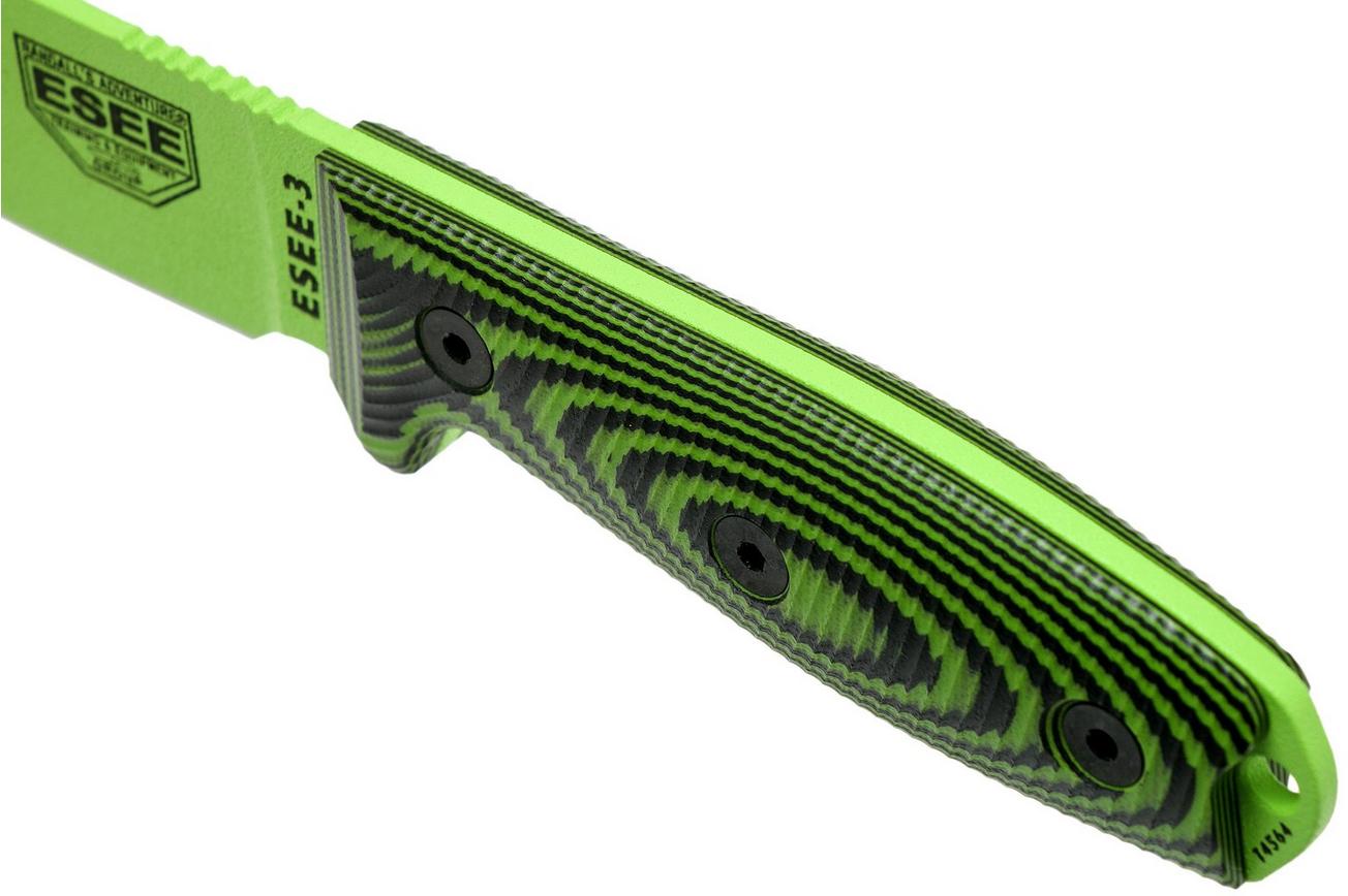 ESEE Model 3 Venom Green Blade 3D Neon Green-Black G10 survivalmes 3PMVG-007 zwarte schede   riemclip
