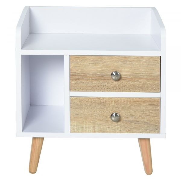 HomCom Mesa de Cabeceira Compacta com 2 Gavetas Grandes e 1 Pernas em Pinho 43x30x49 cm Branco