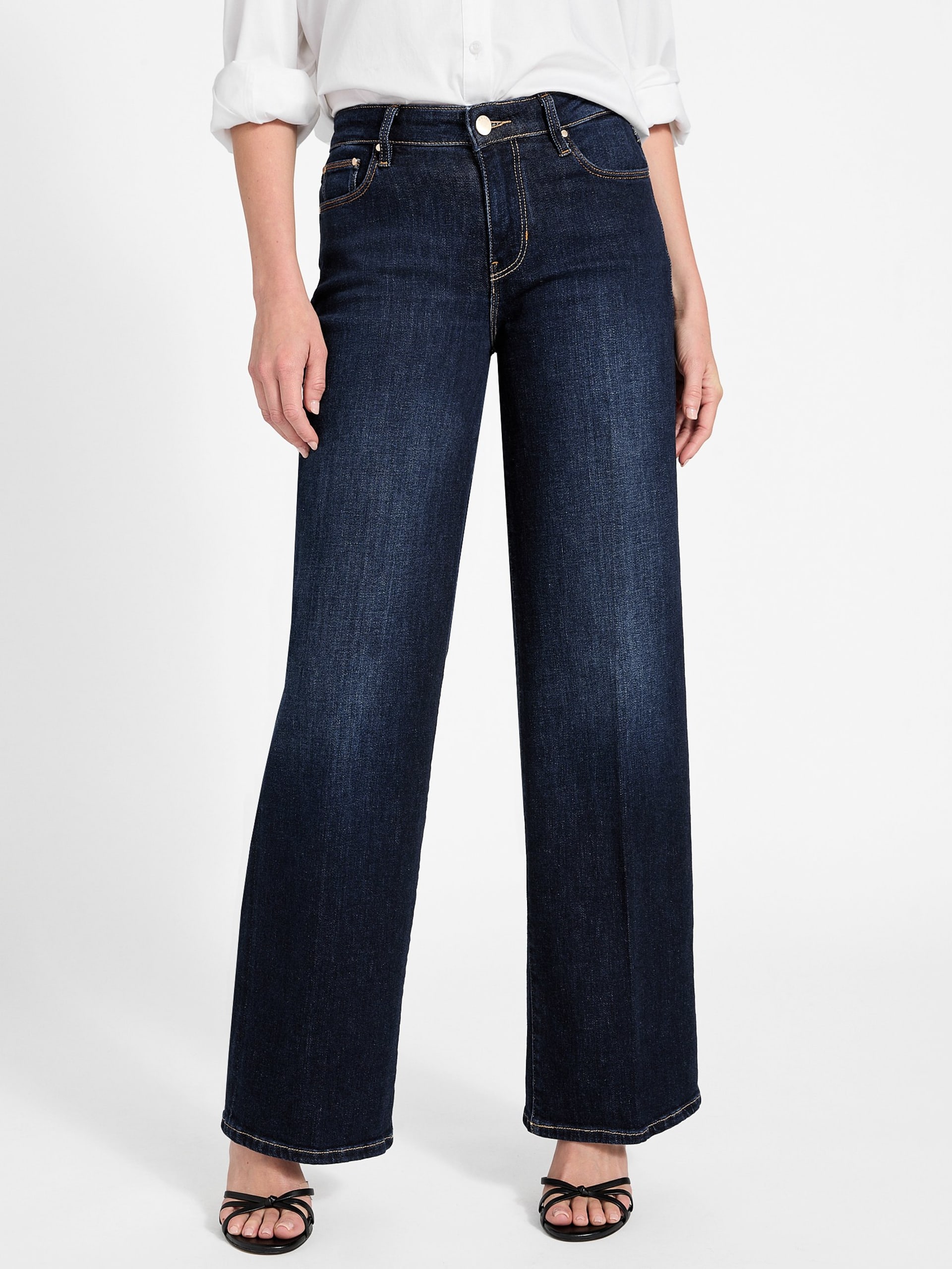 Calça jeans palazzo sexy de cintura média e pernas largas
