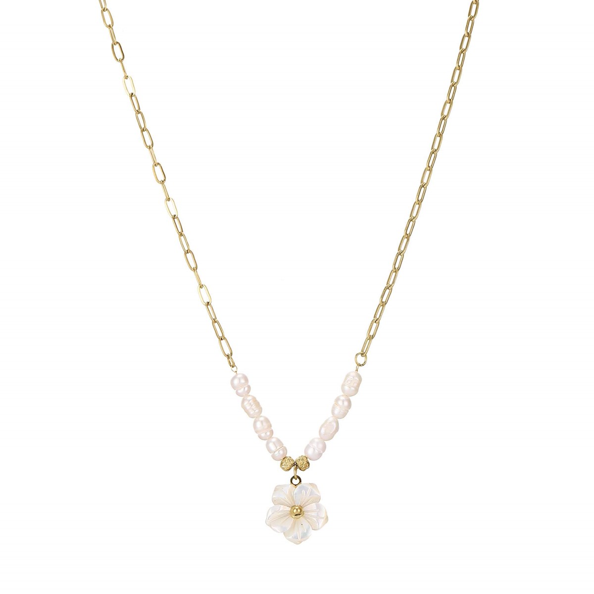 Collier Fleur nacre acier doré or