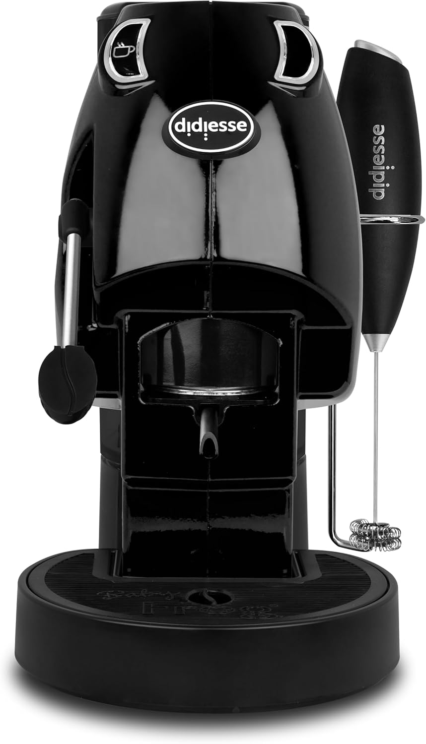 Didiesse Baby Frog Coffee & Tea Kaffeemaschine für Pads, mit Milchaufschäumer und doppeltem Padhalter für Kaffee und Tee, geringer Verbrauch 450 W, Warmwasserspender (schwarz)