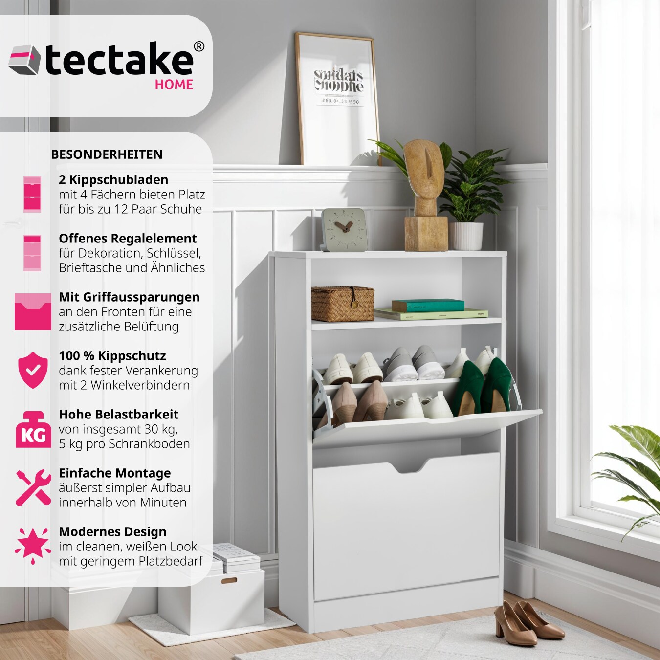 tectake® Schuhschrank, für 12 Paar Schuhe, zuverlässiger Kippschutz, 60 x 24 x 102 cm