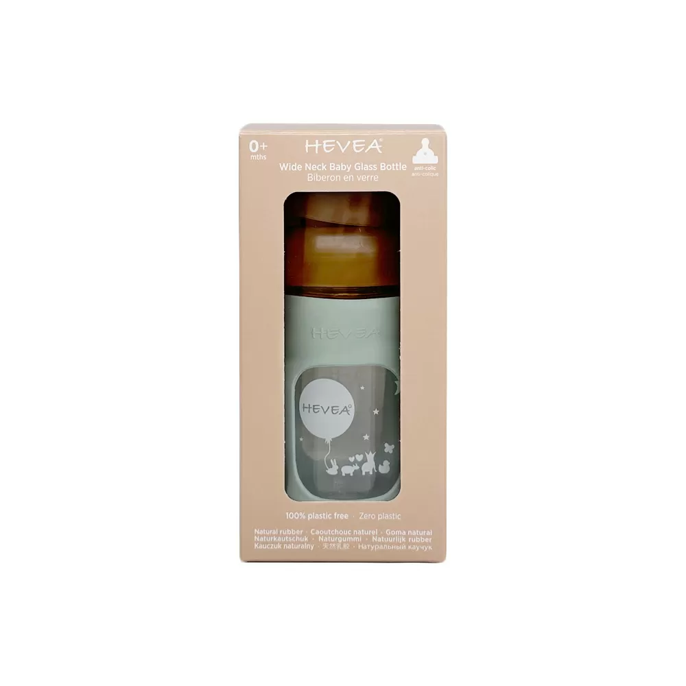 Hevea Glas Sutteflaske Wide Neck med Sleeve 150 ml, Seafoam Blue - 1 stk.