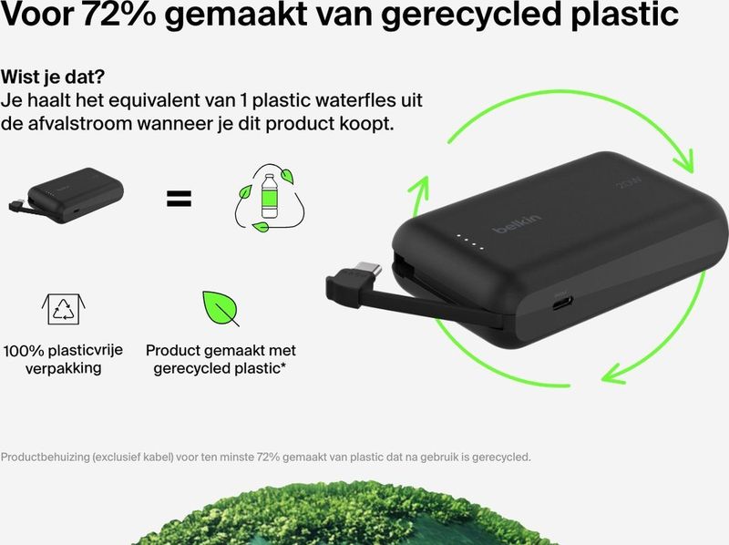 Belkin - BoostCharge 10k Power Bank - Zwart - 10000 mAh - Geïntegreerde USB-C Kabel