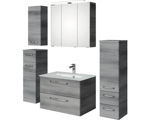 Pelipal Kumba badkamermeubelset (B x H x D): 137 x 200 x 50 cm, grafiet getextureerde fronten, 5-delige set inclusief glazen wastafel, hoge kast, onderkast en bovenkast (99.770326193)