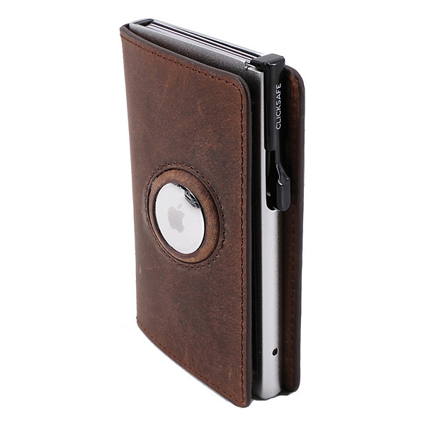 CLICKSAFE Portefeuille SLIM avec logement AirTag, marron cuir nappa