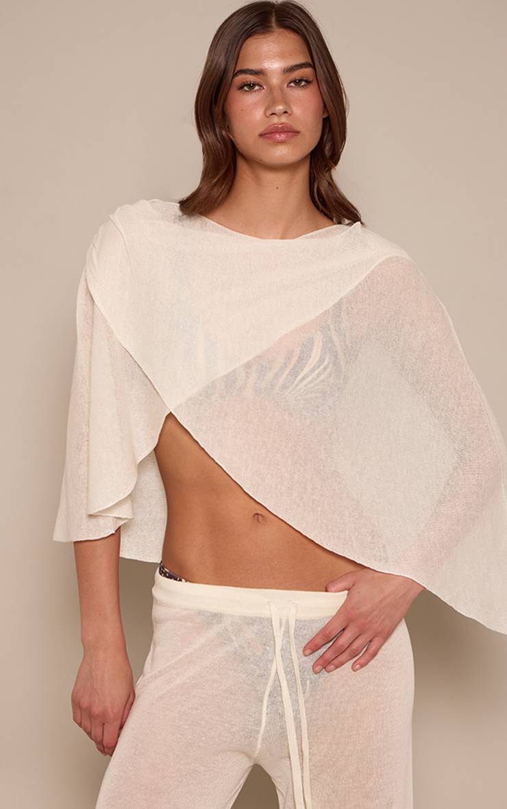 Crème Haut Poncho Drapé En Maille Transparente