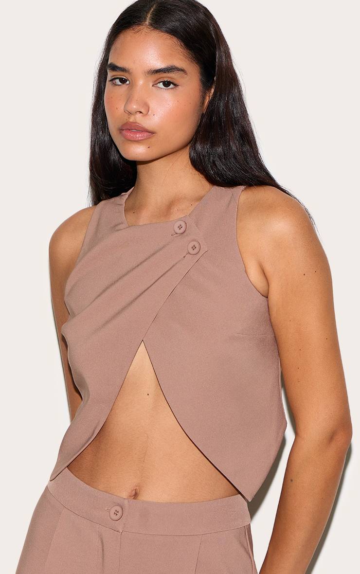 Taupe Gilet Long Asymétrique À Détails De Boutons