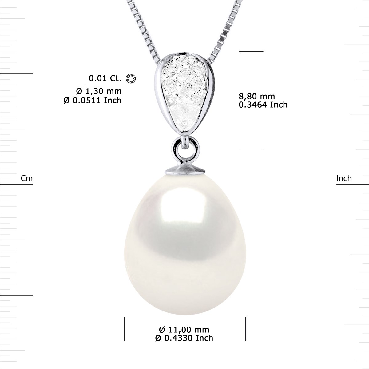 Pendentif Joaillerie Diamants 0,07 Cts - Véritable Perle de Culture d'Eau Douce - Blanc Naturel - Poire 11-12mm - Or Blanc