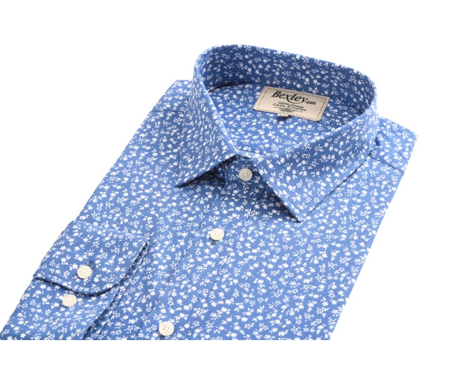 Chemise bleue imprimée fleurs blanches - Col français - MATHURIN