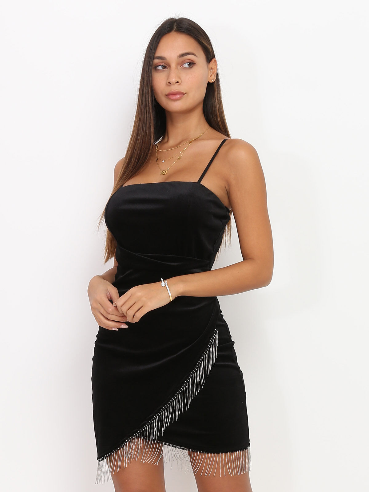 Robe en velours à franges- Noir