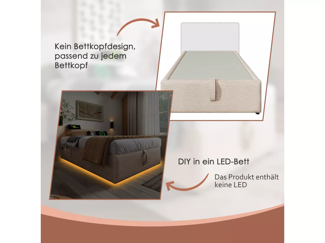 Lit coffre 90 x 200 cm sans tête de lit - 2 poches latérales et prises USB + Type-C - Tissu en lin - Beige (sans matelas)