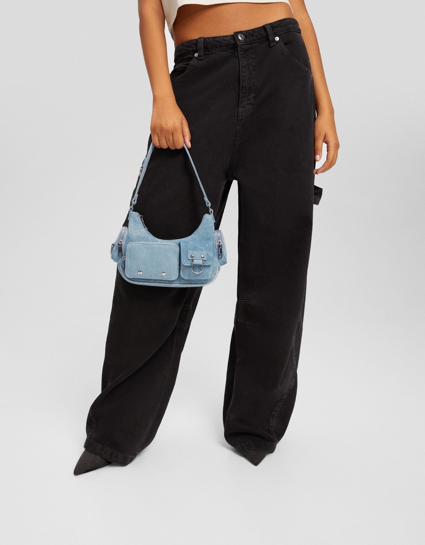 Bolsa de ombro jeans com vários bolsos