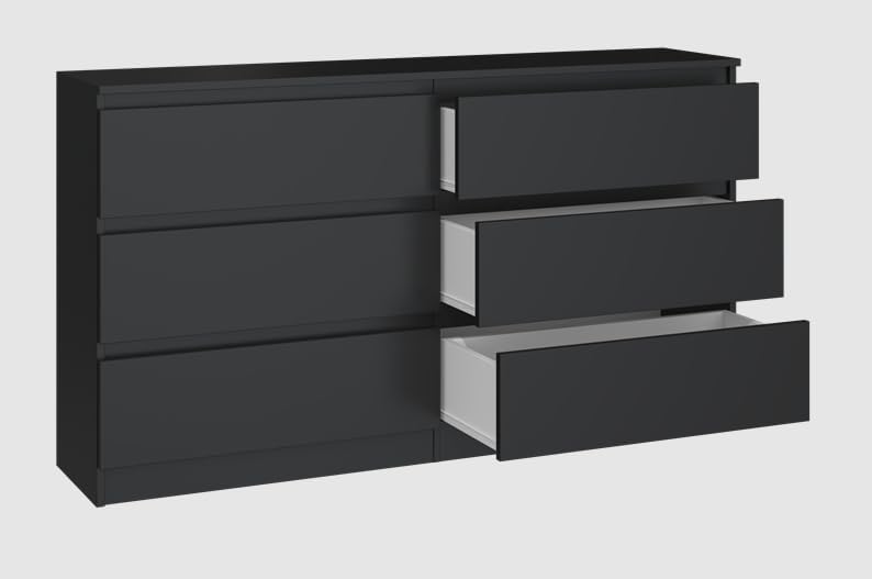 BDW - Kommode 140, Malwa M6 - Highboard 6 Schubladen - 140 cm - Für Wohnzimmer, Schlafzimmer oder Büro - Schlichtes und minimalistisches Design - Schwarz