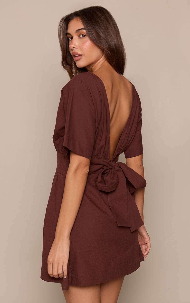 Marron Robe Droite Col Bateau Aspect Lin Chocolat