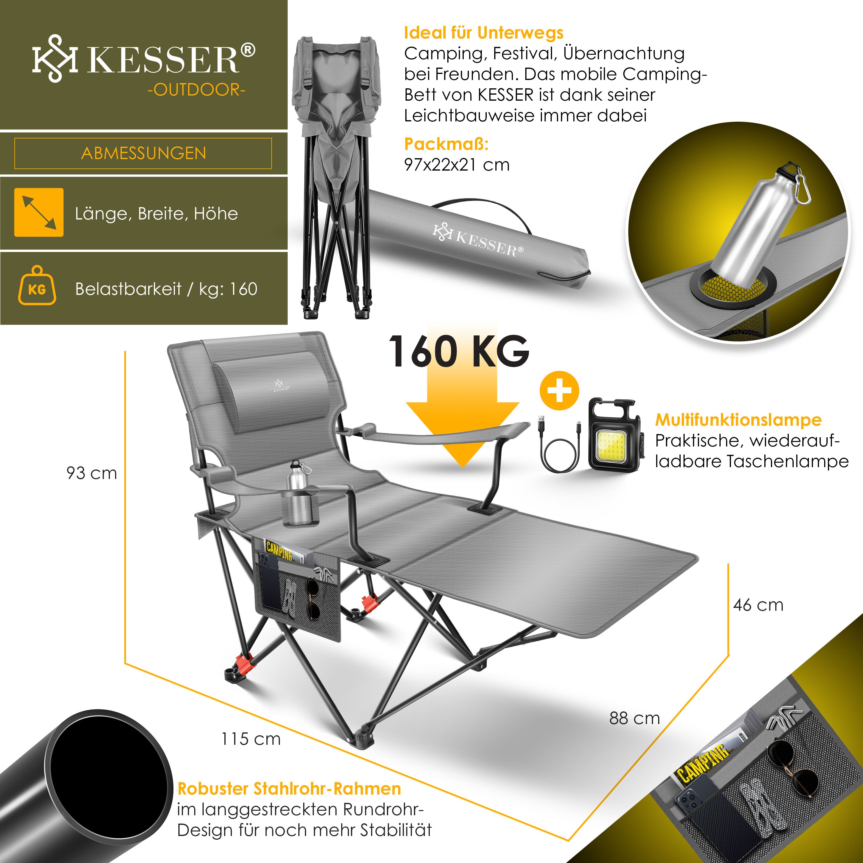 KESSER® Campingliege Campingstuhl 2in1 bis 160kg | Feldbett klappbar | Campingbett faltbar extra breit | Campinglicht & Getränkehalter + Aufbewahrungstasche & Transporttasche | Angelliege verstellbar