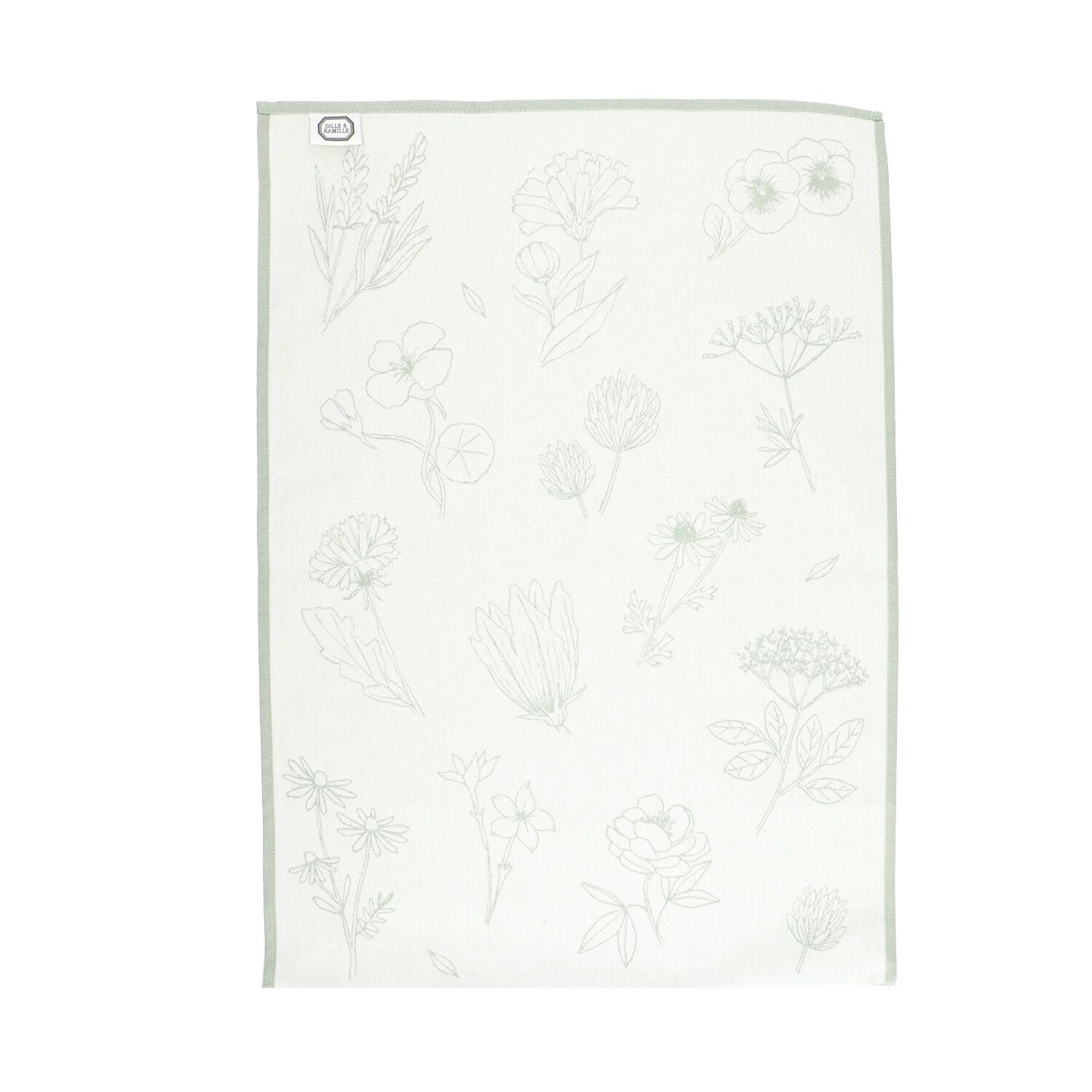 Theedoek, katoen, groen/wit met bloemenmotief